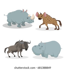 Cartoon trendy style african animals set. Rhino, hyena, wildebeest antelope, hippo. Closed eyes and cheerful mascots. Vector wildlife illustrations.