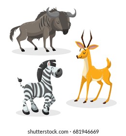 Cartoon trendy style african hoofed animals set. Gnu, antelope, gazelle, wildebeest and zebra. Closed eyes and cheerful mascots. Vector wildlife illustrations.