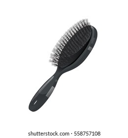 Cartoon Trendy Style Black Plastic Hair Brush For Styling. Nylon Bristle. Vector Professional Salon Accessory Illustration.