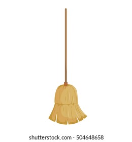 Cartoon trendy style natural broom with wooden stick icon. Hygiene and home cleaning vector illustration.