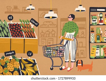 Cartoon trendy woman buyer with dog purchasing at supermarket vector flat illustration. Colorful female customer with shopping card buying food at grocery store. Hypermarket with shelf of products