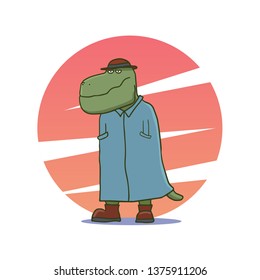 Cartoon T-rex Detective with Hat. Vector illustration