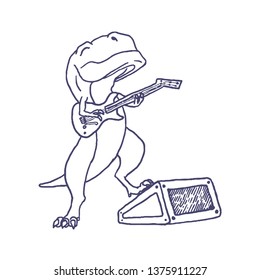 Cartoon T-rex Dinosaur with Guitar Tyrannosaurus Rockstar. Vector illustration