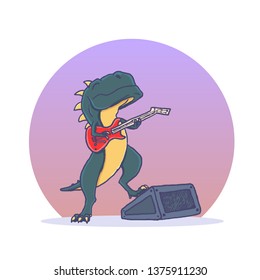 Cartoon T-rex Dinosaur with Guitar Tyrannosaurus Rockstar. Vector illustration