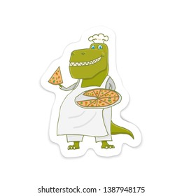 Cartoon T-rex Dinosaur with Pizza, Tyrannosaurus Cook. Vector illustration