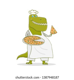Cartoon T-rex Dinosaur with Pizza, Tyrannosaurus Cook. Vector illustration