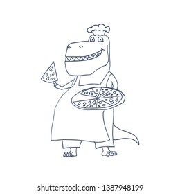 Cartoon T-rex Dinosaur with Pizza, Tyrannosaurus Cook. Vector illustration
