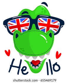 Cartoon t-rex head wearing sunglasses with england flag and text "hello" isolated on white background illustration vector.