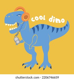 cartoon T-rex Vector illustration listening music
