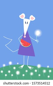 Cartoon triangle shaped white rat or mouse - symbol of Chinese New Year 2020 on summer background. Rat is eating watermelon on the dandelion field. Can be used for your calendar design