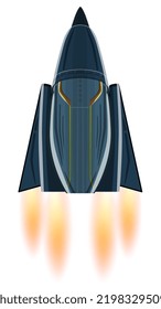 Cartoon triangle spaceship with flame from nozzles isolated on white. Aggressive form similar fighter aircraft. Vector design element.