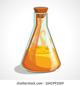 Cartoon Triangular Flask With Orange Potion. Vector Illustration