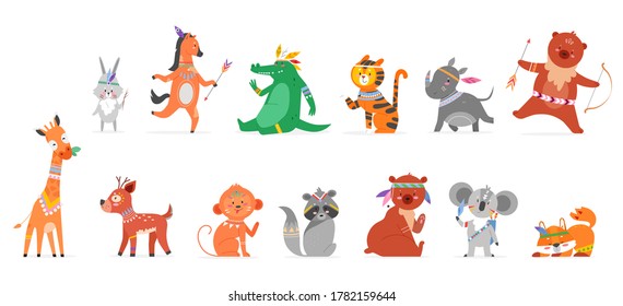 Cartoon tribal animal flat vector illustration set. Funny animalistic boho wildlife collection with cute wild forest tribe of monkey hare rhino teddy bear giraffe deer raccoon fox isolated on white