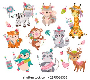 Cartoon tribal animals. Wild cute animal with arrows. Boho style fox, raccoon and penguin. Woodland baby characters, adorable childish nowaday vector clipart