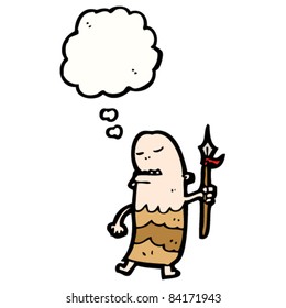 cartoon tribesman with spear and thought bubble