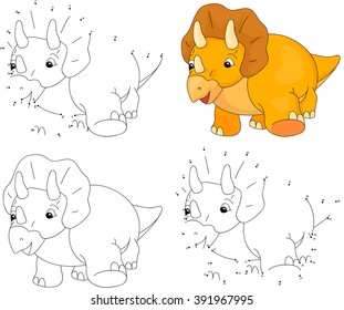 Cartoon Triceratops. Coloring book and dot to dot educational game for kids
