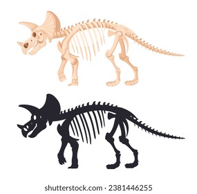 Cartoon triceratops dino skeleton. Dinosaur fossil bones silhouette. Ancient jurassic raptor bones flat vector illustration. Archaeological fossil skeleton