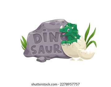 Cartoon triceratops dinosaur character and dino egg. Isolated vector cute newborn baby of Jurassic era broken in egg shell and font on stone plate. Cute monster reptile personage for kids game or book