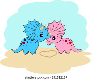 Cartoon triceratops fall in love