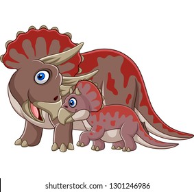 Cartoon triceratops with her baby