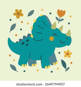 A cartoon triceratops illustration with flowers and leaves