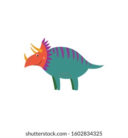 Cartoon triceratops isolated on white background. Friendly colorful dinosaur smiling, green and orange prehistoric animal - hand drawn small reptile monster vector illustration