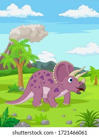 Cartoon Triceratops in the jungle