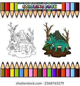 Cartoon triceratops in the jungle for coloring book