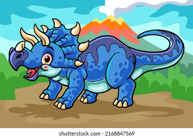 cartoon triceratops mascot isolated on erupting mountain scenery background