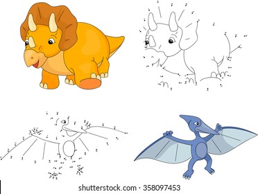 Cartoon Triceratops and pterodactyl. Dot to dot educational game for kids. Vector illustration