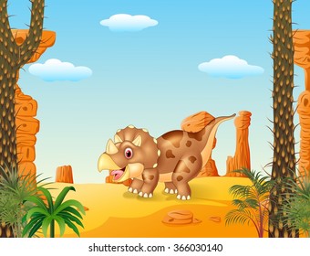 Cartoon triceratops three horned dinosaur with the desert background