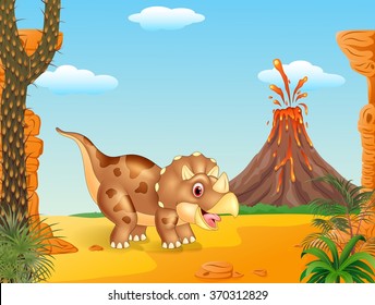 Cartoon triceratops three horned dinosaur in prehistoric background