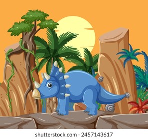 Cartoon triceratops in a vibrant prehistoric setting