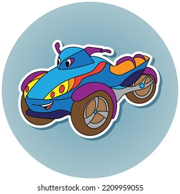 Cartoon tricycle sticker for boys. Small funny vector cute vehicle with eyes and mouth, funny smile auto icon.  Children vector color illustration for scrapbook. Comic character for kids 