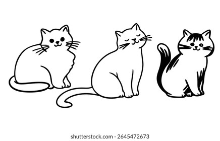 Trio de desenhos animados de bonitos sentado gatos preto e branco linha arte gatinho ilustração