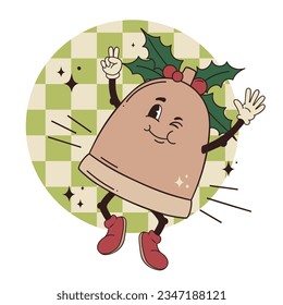 Cartoon trippy Jingle bell jump on one leg. Winking mascot retro vector illustration