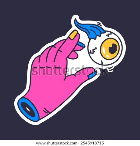 Cartoon trippy psychedelic hand. Weird hand with eye ball, cartoon doodle icon, groovy flat vector illustration. Funny psychedelic sticker