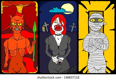 A cartoon triptych of the devil, a vampire and a monster mummy for Halloween.  