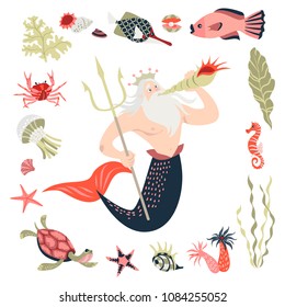 Cartoon triton surrounded by tropical fish, animal, seaweed and corals. Fairy tale character.  Sea life. Set of cute isolated vector illustrations on white background