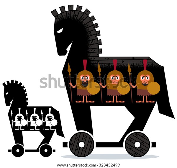 Cartoon Trojan horse with Greek soldiers in it in 2\
versions. 