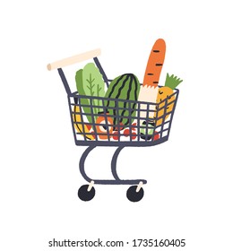 Cartoon trolley with healthy food vector flat illustration. Colorful full shopping cart with grocery from self-service shop isolated on white background. Fresh products in pushcart with handle