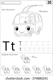 Cartoon trolleybus and turtle. Alphabet tracing worksheet: writing A-Z, coloring book and educational game for kids