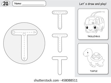 Cartoon trolleybus and turtle. Alphabet tracing worksheet: writing A-Z, coloring book and educational game for kids