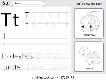 Cartoon trolleybus and turtle. Alphabet tracing worksheet: writing A-Z, coloring book and educational game for kids