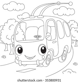 Cartoon trolleybus. Vector illustration. Coloring book