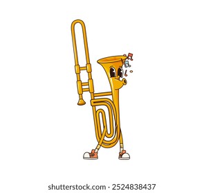 Cartoon trombone groovy musical instrument character whistling a melody with happy carefree face. Isolated vector brass pipe or horn personage for music school, educational classes or performance