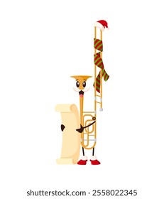 Cartoon trombone musical instrument character wearing Santa hat and striped scarf holding a parchment scroll or a wish list, brings Christmas cheer and festive winter holiday spirit for celebration