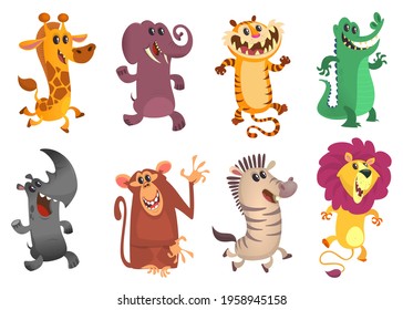 Cartoon tropic wild animals set. Vector illustrations of African animals. Crocodile alligator, tiger, elephant, giraffe, lion, monkey chimpanzee, zebra and rhino.