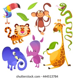 Cartoon tropical animal characters. Wild cartoon cute animals collections vector. Big set of cartoon jungle animals flat vector illustration.  Toucan, monkey, tiger, snake, elephant, rhino, giraffe