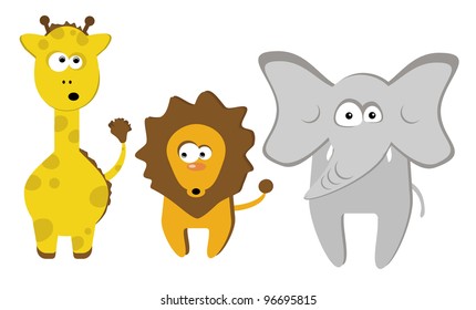 Cartoon tropical animal set with giraffe, lion and elephant
